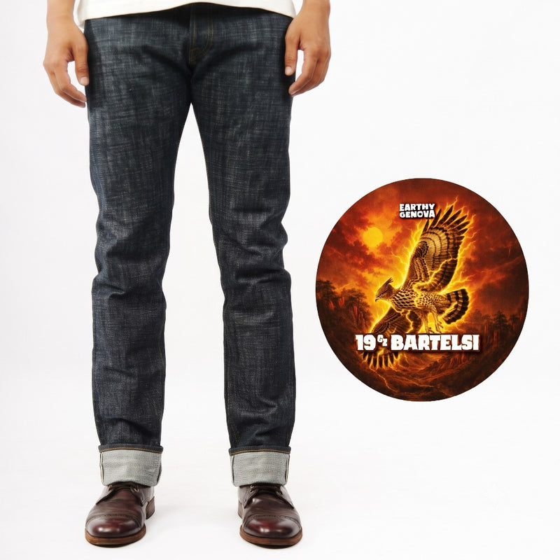 EARTHY GENOVA - Denim Selvedge BARTELSI 19 Oz Slubby Texture Sanforized Celana Raw Jeans Pria Deep Indigo Golden Brown Line Selvedge
