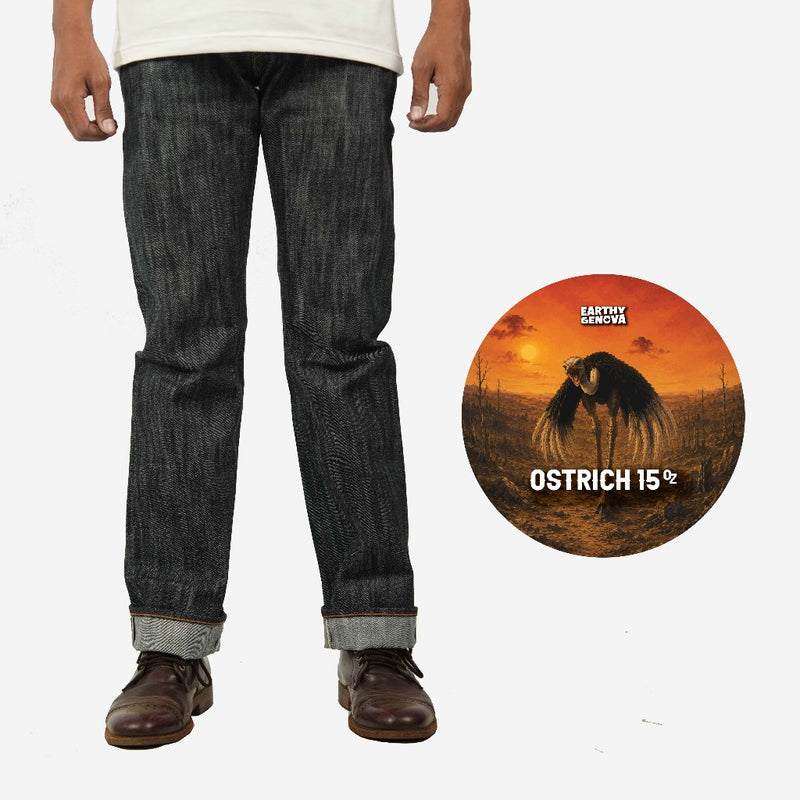 EARTHY GENOVA - Denim Selvedge OSTRICH 15 Oz Slubby Textured Sanforized Celana Raw Jeans Pria Deep Indigo Red Line Selvedge Slim Straight