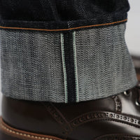 EARTHY GENOVA - Denim Selvedge MATSU 15 Oz Slubby Textured Unsanforized Celana Raw Jeans Pria Deep Indigo Green Line Selvedge Slim Straight
