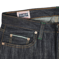 EARTHY GENOVA - Denim Selvedge MATSU 15 Oz Slubby Textured Unsanforized Celana Raw Jeans Pria Deep Indigo Green Line Selvedge Slim Straight