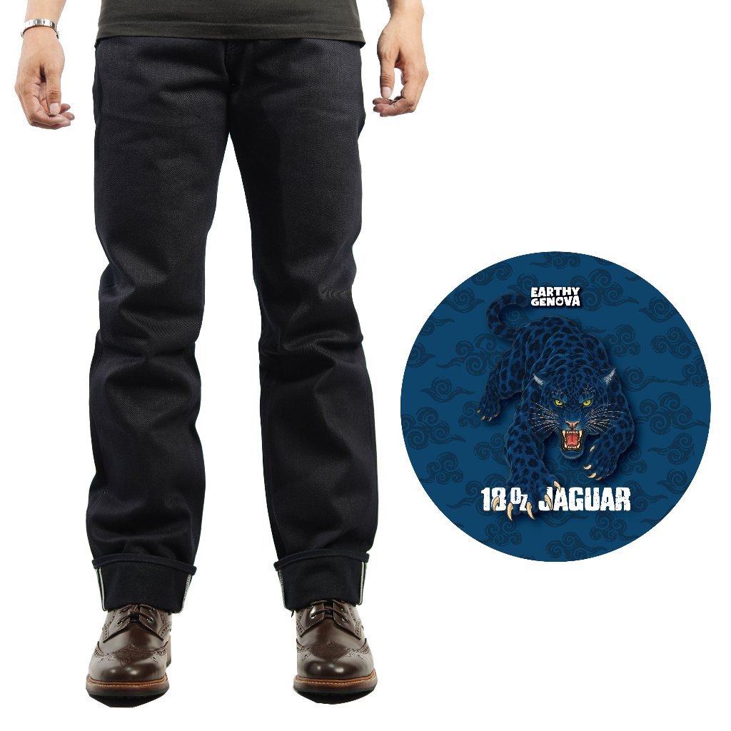 EARTHY GENOVA - Denim Selvedge JAGUAR 18 Oz Sanforized Celana Raw Jeans Pria Indigo x Indigo Color Sparkling Blue Line Selvedge