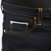 EARTHY GENOVA - Denim Selvedge KUJAKU 18 Oz Sanforized Celana Raw Jeans Pria Indigo x Indigo Color Blue X Sparkling Silver Line Selvedge