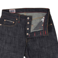 EARTHY GENOVA - Denim Selvedge DRAKEN  2.0 15 Oz Sanforized Deep Indigo Red Sparkle Line Selvedge