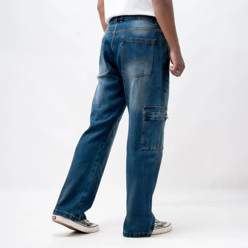 EARTHY GENOVA - OBSIDIAN TRAIL Cargo Blue Washed Loose Denim